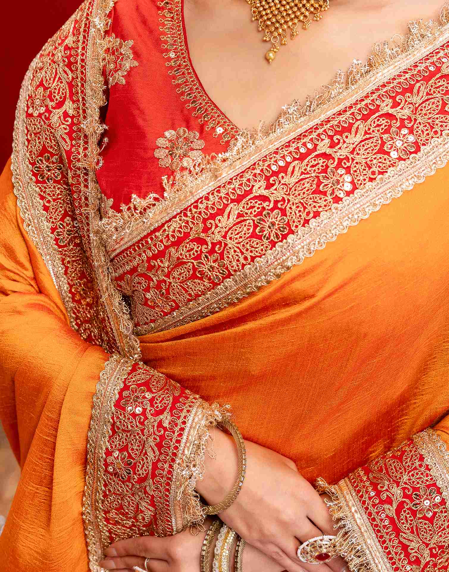 Orange Vichitra Silk Sequence Embroidery Lace Saree