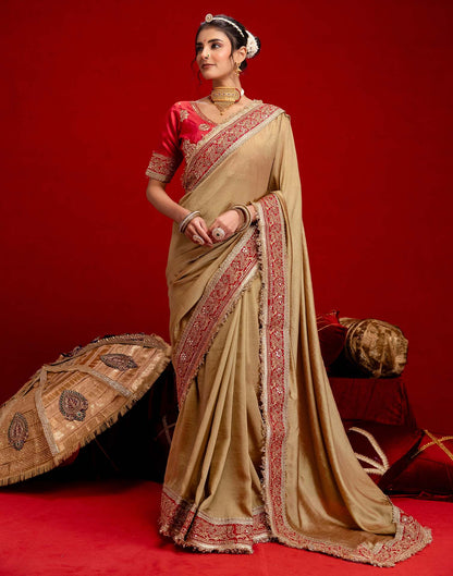 Khaki Vichitra Silk Sequence Embroidery Lace Saree