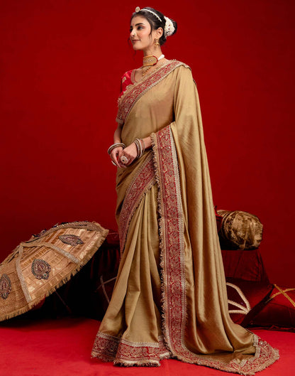 Khaki Vichitra Silk Sequence Embroidery Lace Saree