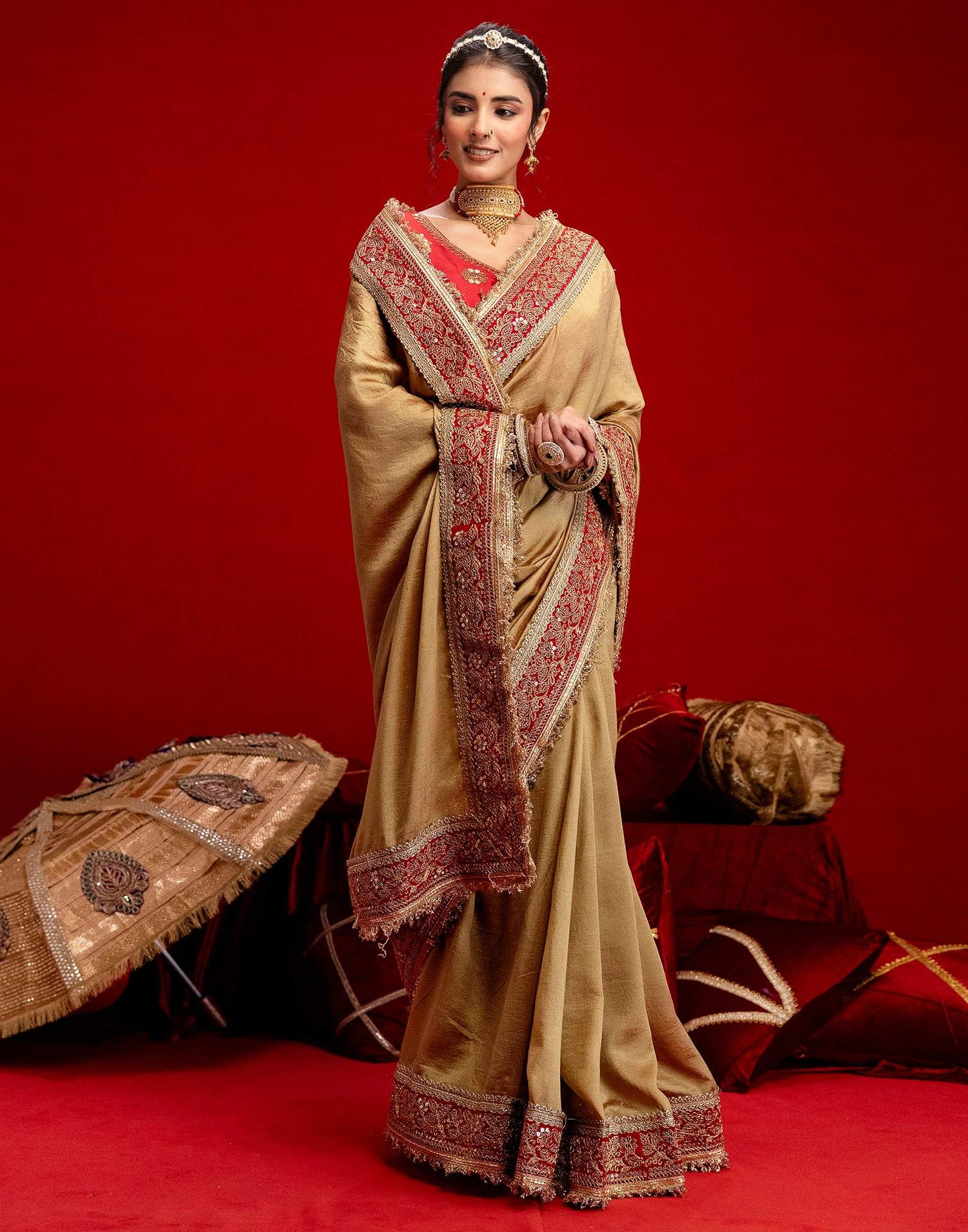 Khaki Vichitra Silk Sequence Embroidery Lace Saree