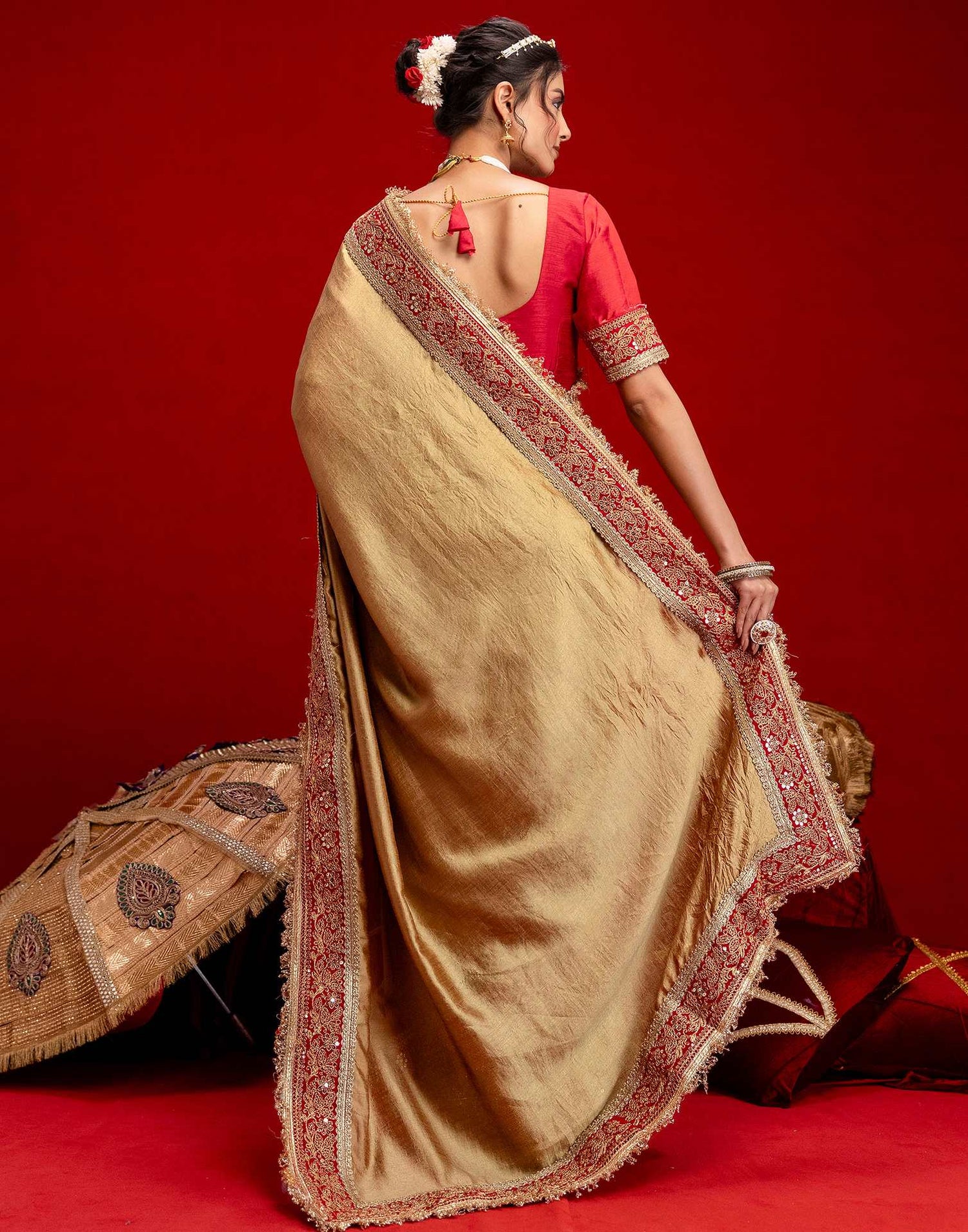 Khaki Vichitra Silk Sequence Embroidery Lace Saree