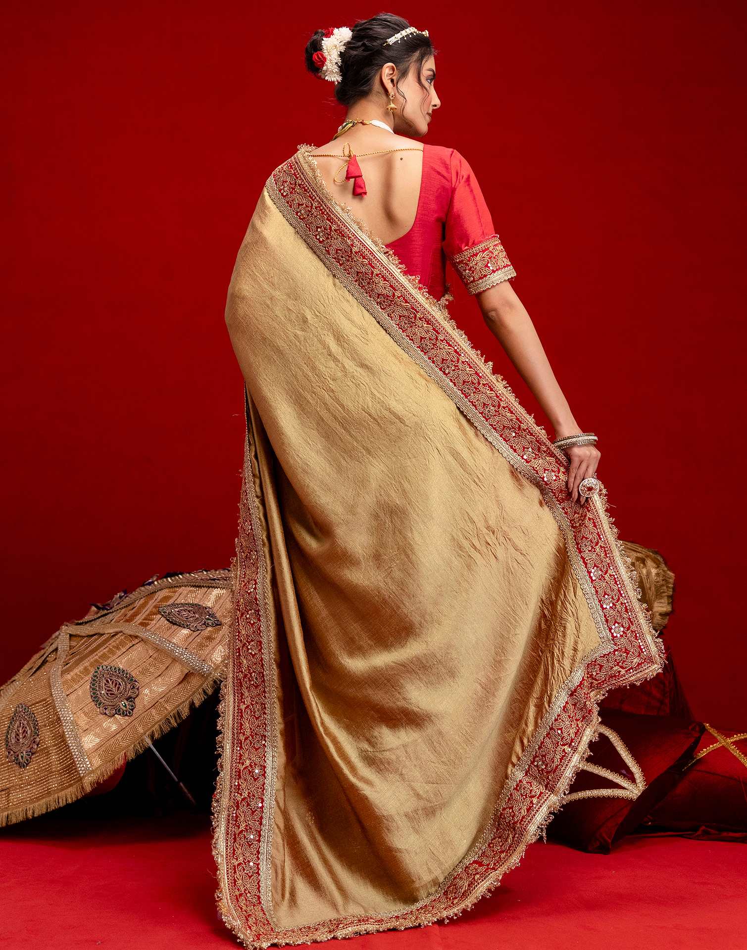 Khaki Vichitra Silk Sequence Embroidery Lace Saree