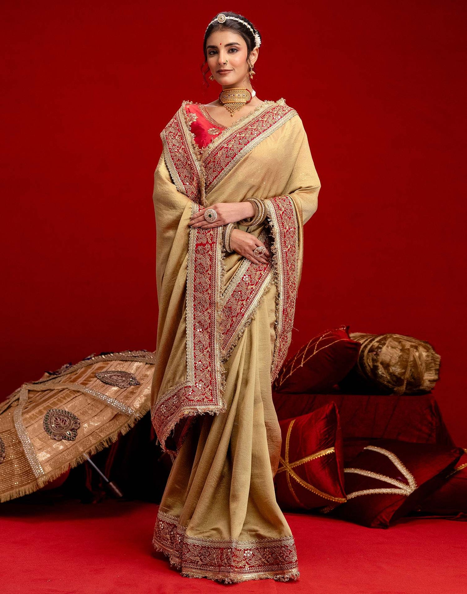 Khaki Vichitra Silk Sequence Embroidery Lace Saree