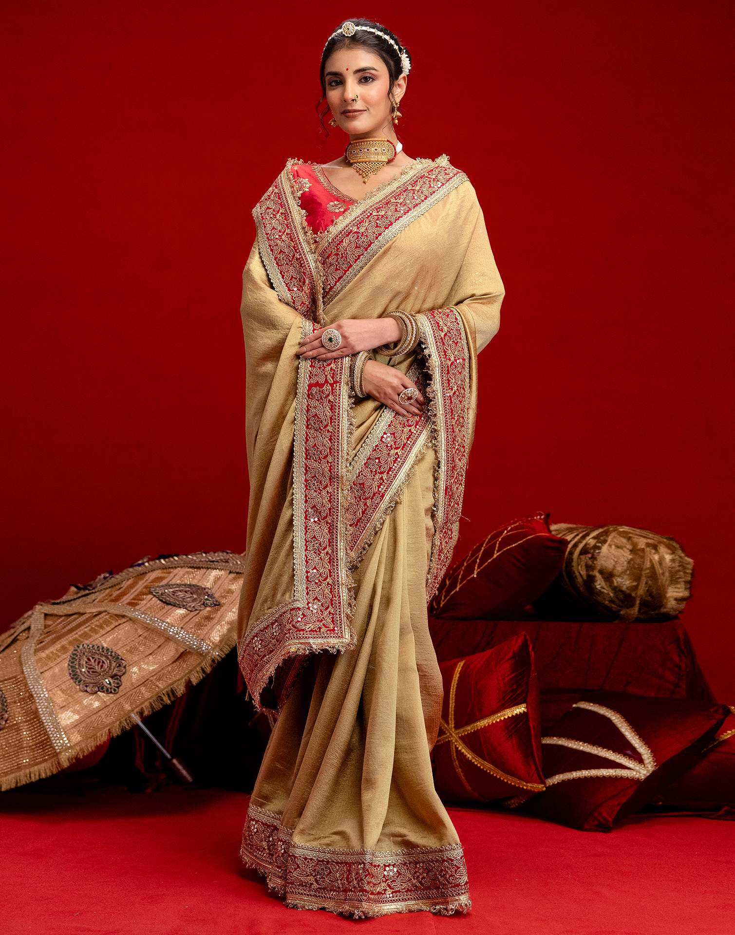 Khaki Vichitra Silk Sequence Embroidery Lace Saree