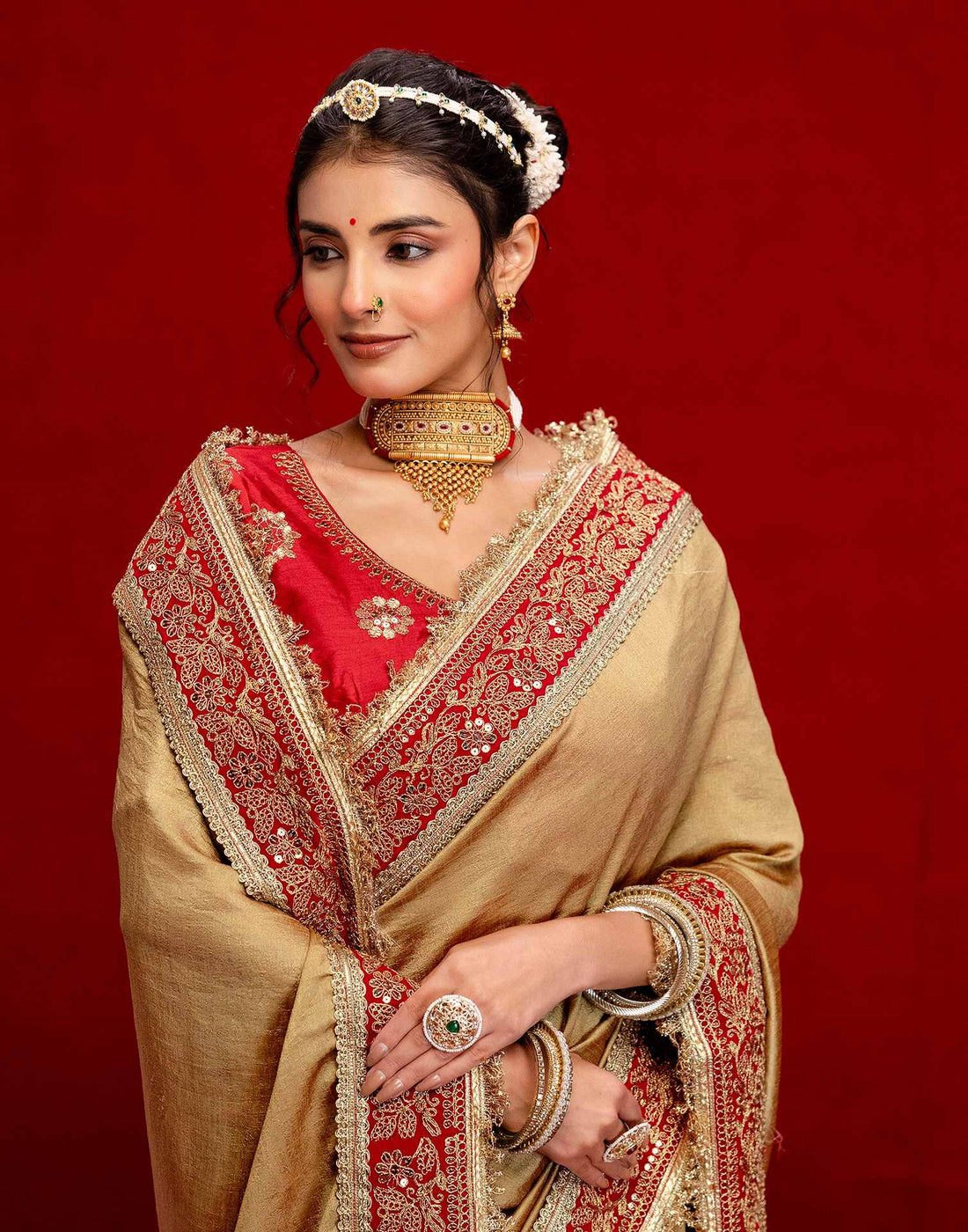 Khaki Vichitra Silk Sequence Embroidery Lace Saree