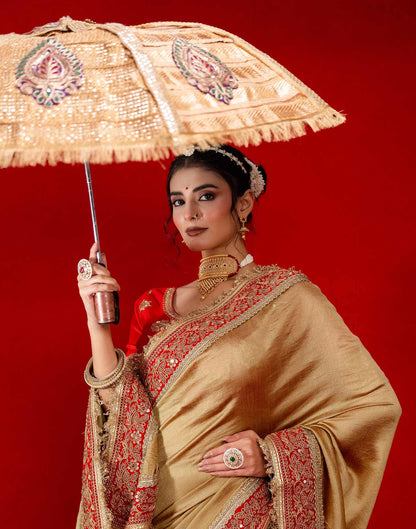 Khaki Vichitra Silk Sequence Embroidery Lace Saree