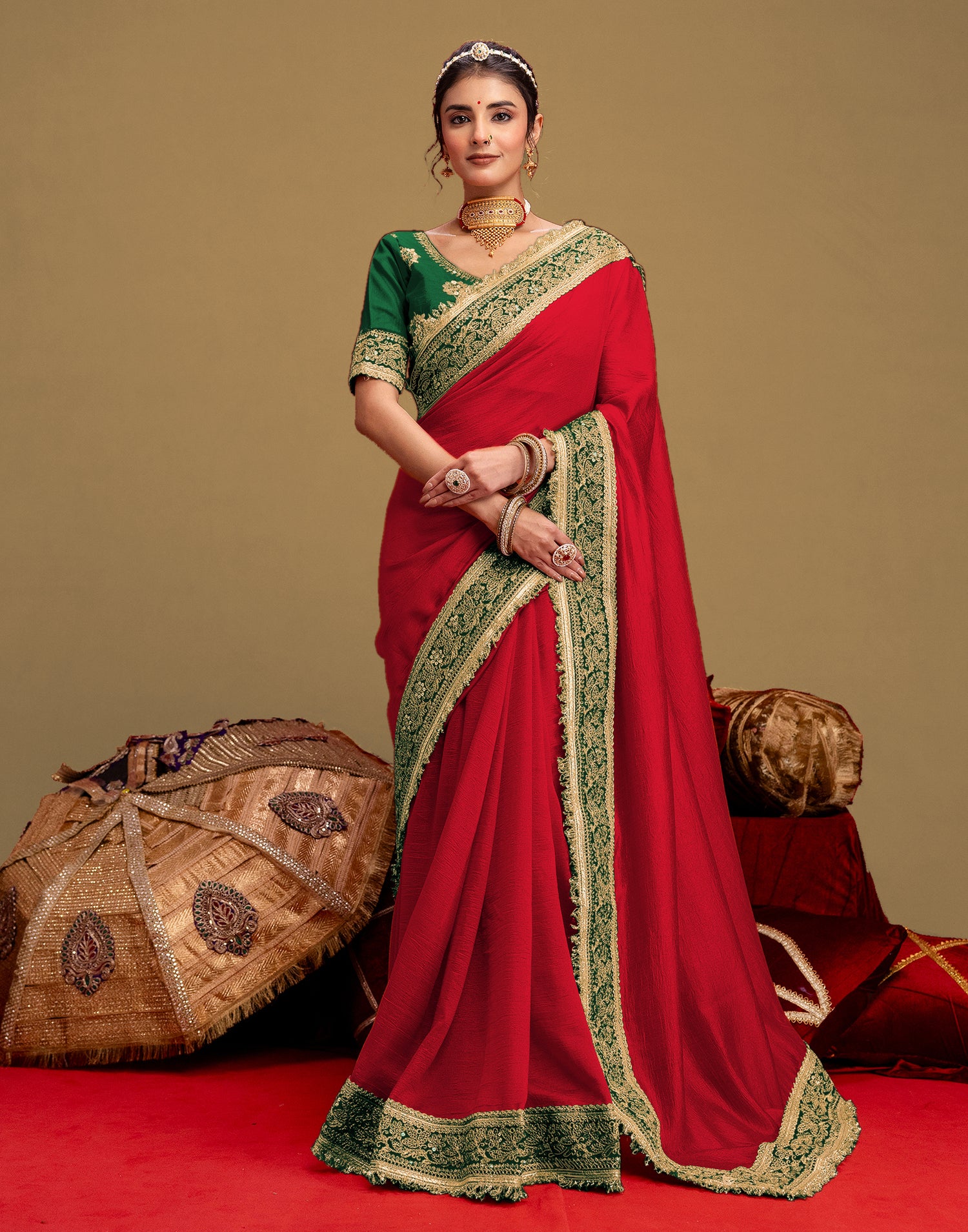 Red Vichitra Silk Sequence Embroidery Lace Saree