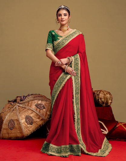 Red Vichitra Silk Sequence Embroidery Lace Saree