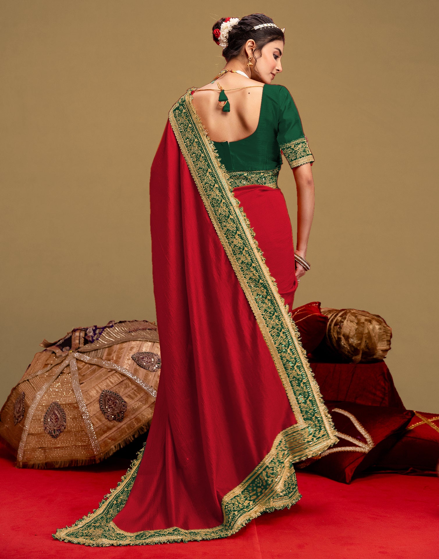 Red Vichitra Silk Sequence Embroidery Lace Saree