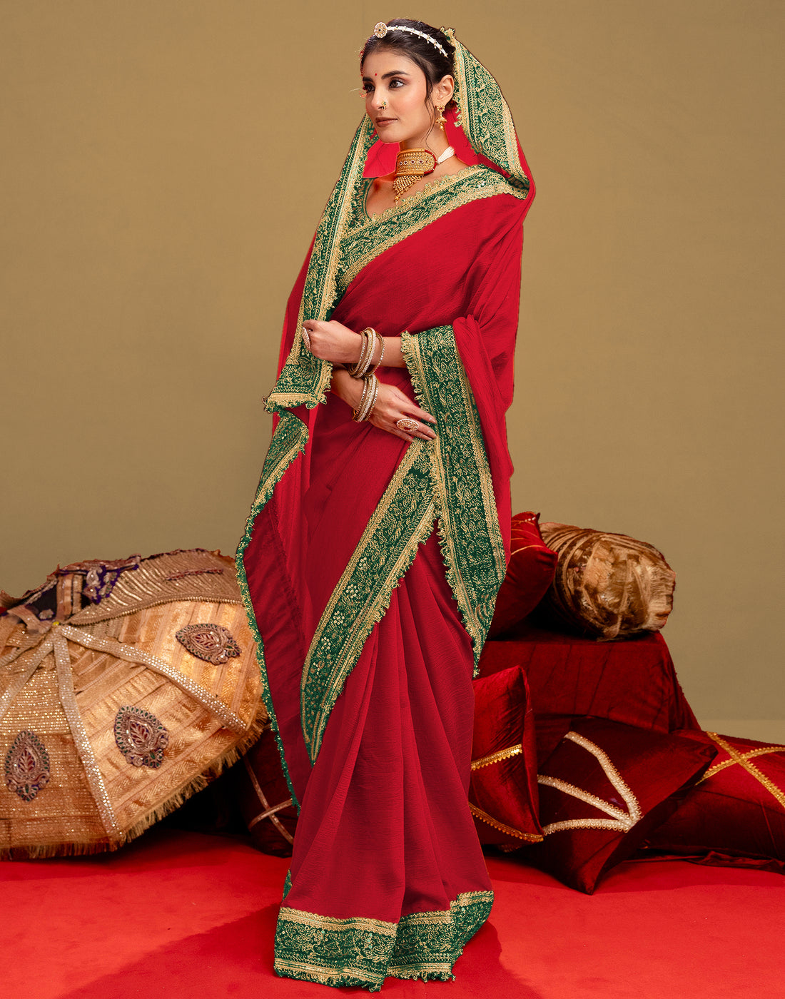 Red Vichitra Silk Sequence Embroidery Lace Saree