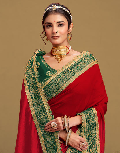 Red Vichitra Silk Sequence Embroidery Lace Saree