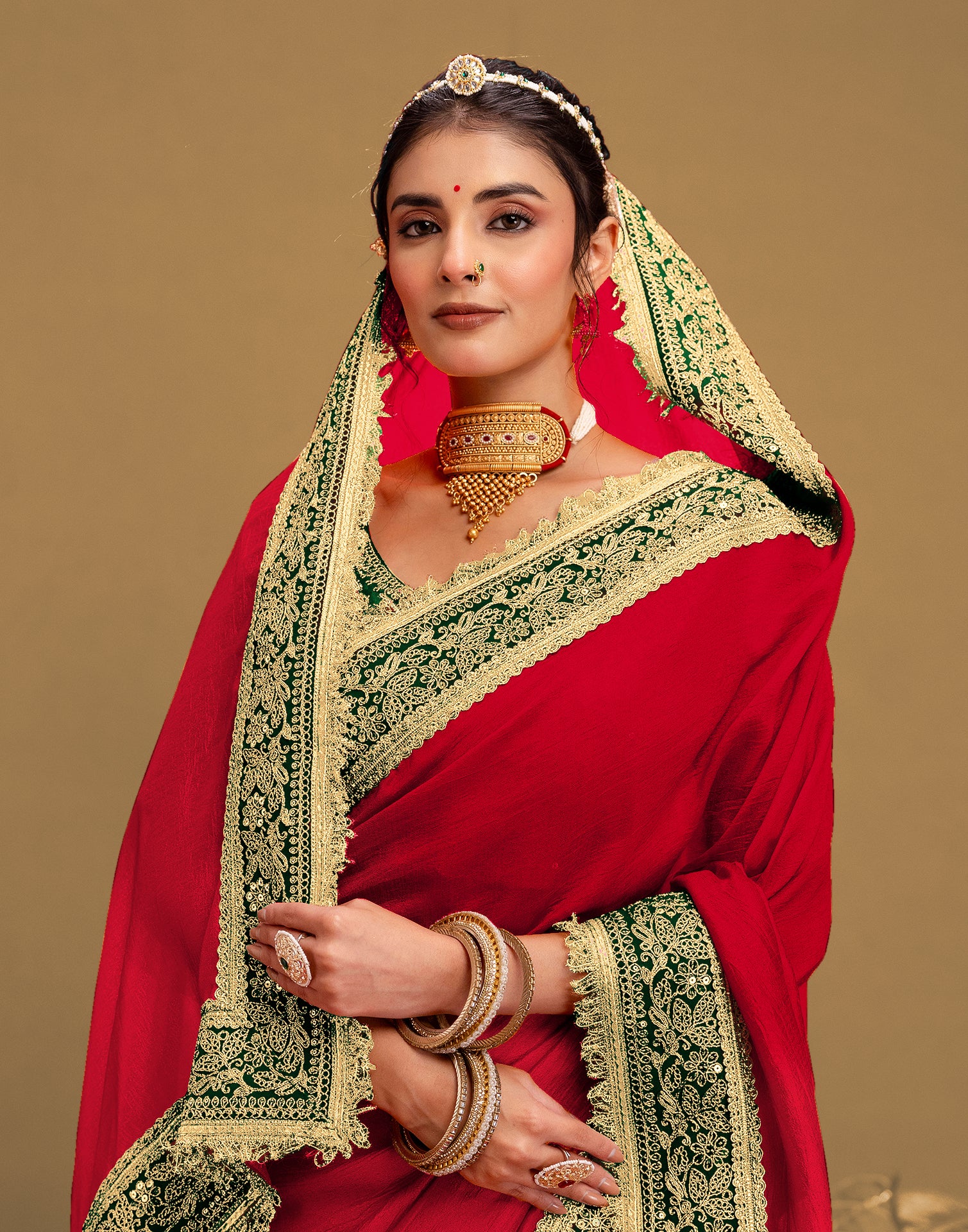 Red Vichitra Silk Sequence Embroidery Lace Saree