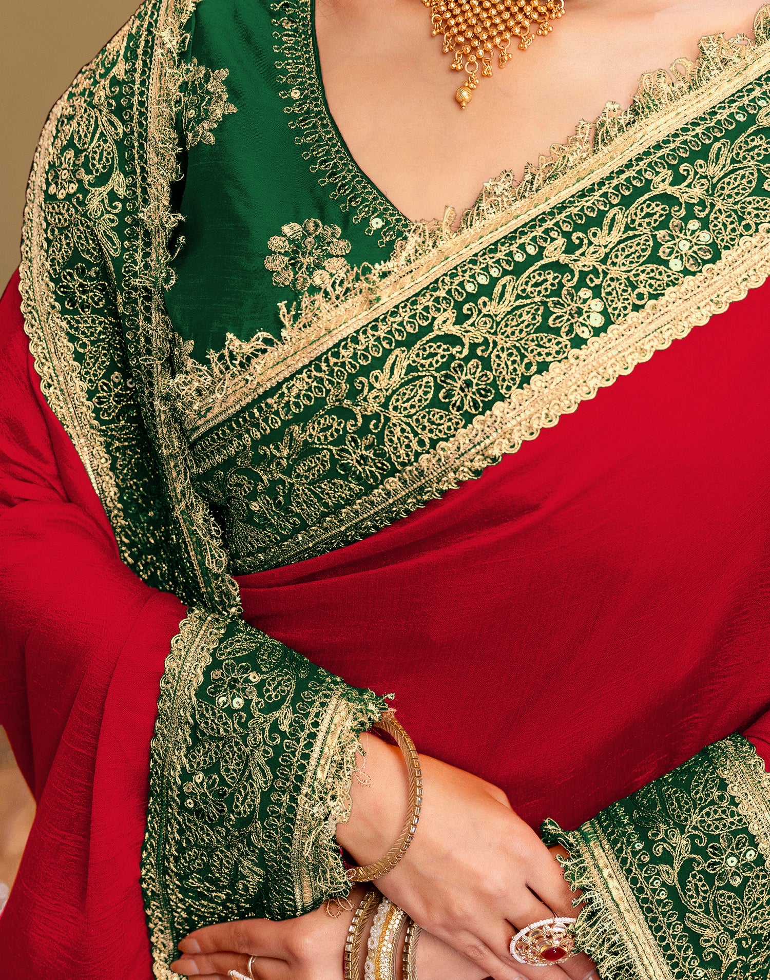 Red Vichitra Silk Sequence Embroidery Lace Saree