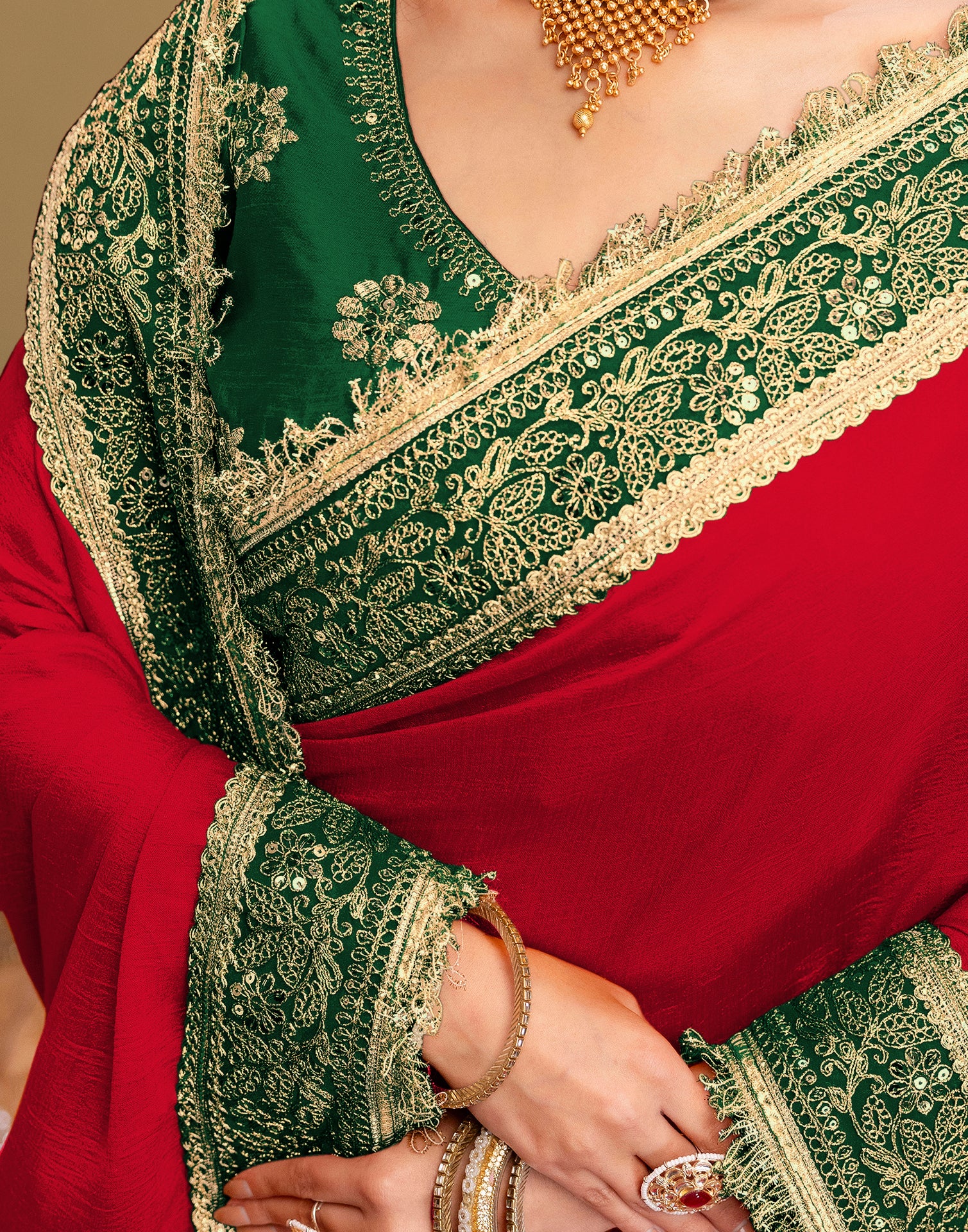 Red Vichitra Silk Sequence Embroidery Lace Saree