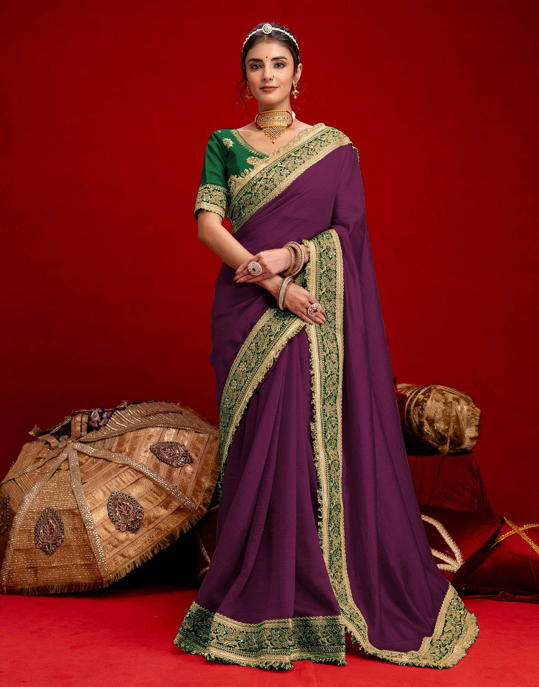 Dark Purple Vichitra Silk Sequence Embroidery Lace Saree