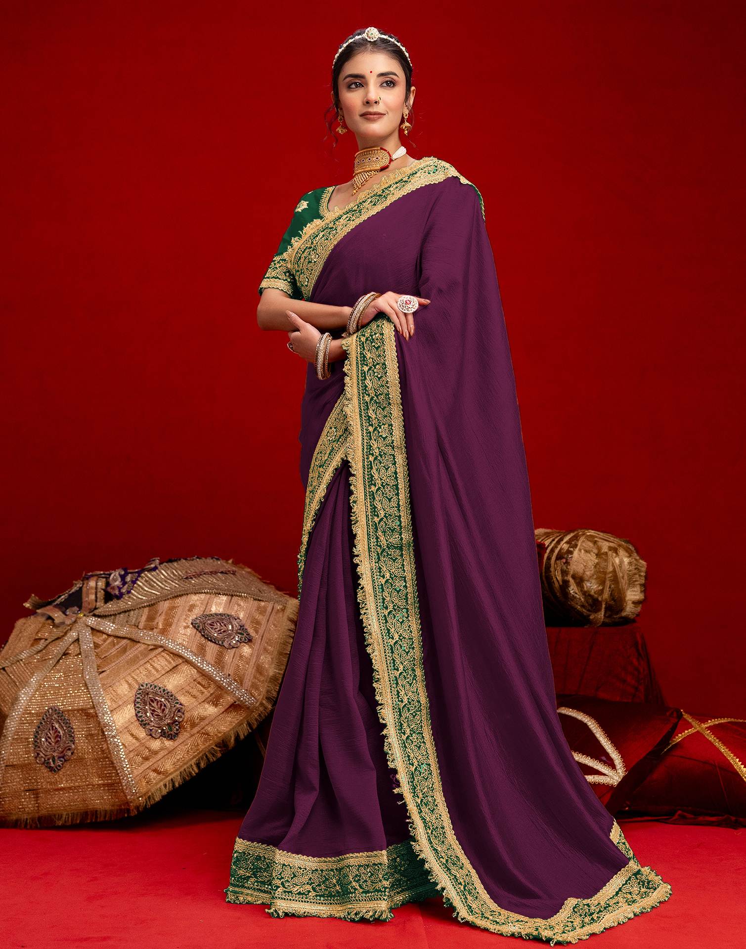 Dark Purple Vichitra Silk Sequence Embroidery Lace Saree
