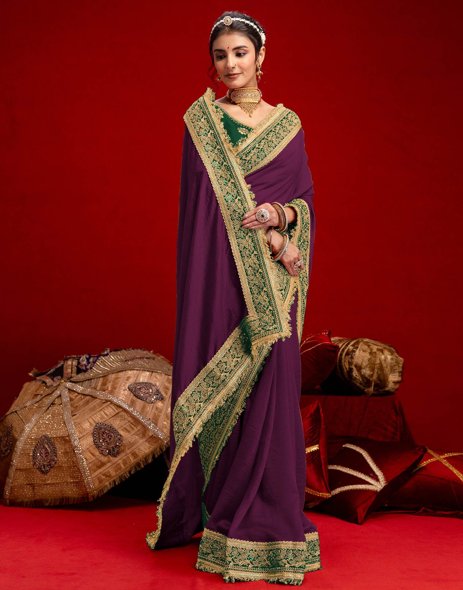 Dark Purple Vichitra Silk Sequence Embroidery Lace Saree