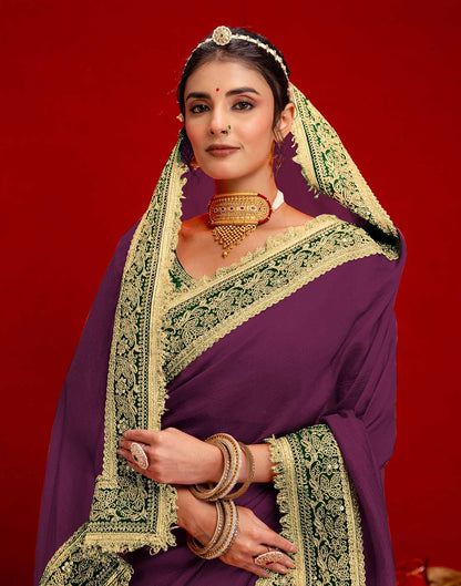 Dark Purple Vichitra Silk Sequence Embroidery Lace Saree