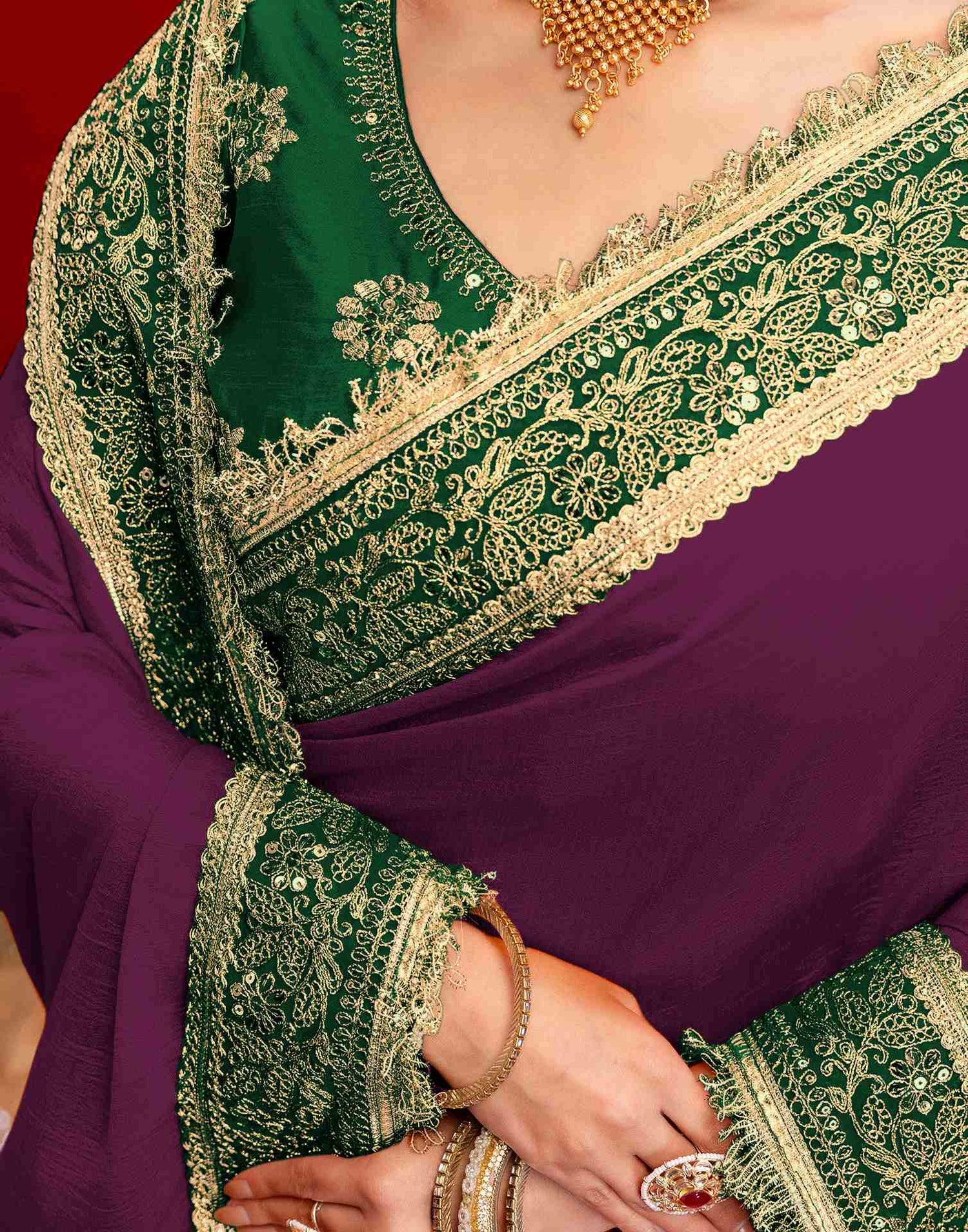 Dark Purple Vichitra Silk Sequence Embroidery Lace Saree