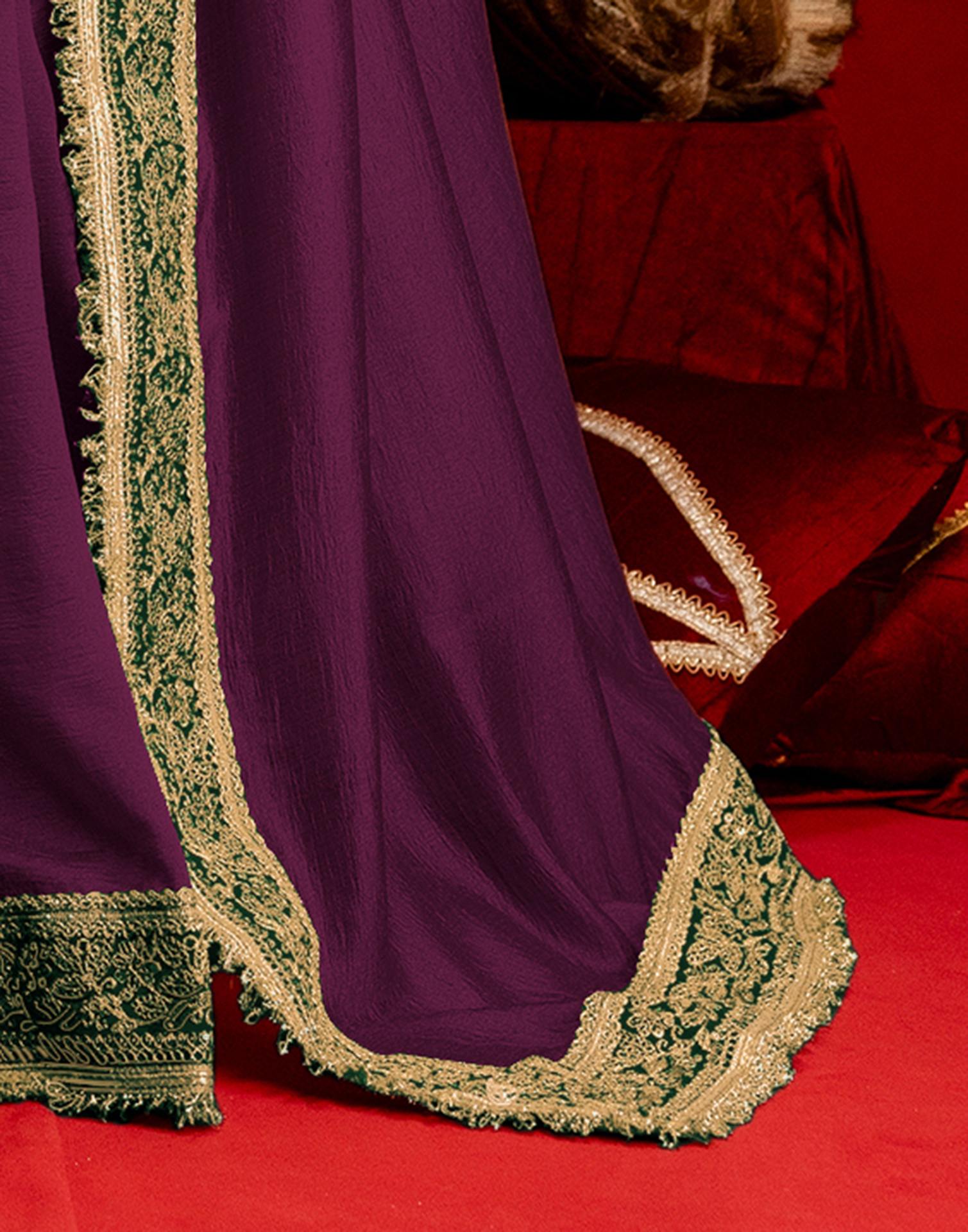 Dark Purple Vichitra Silk Sequence Embroidery Lace Saree
