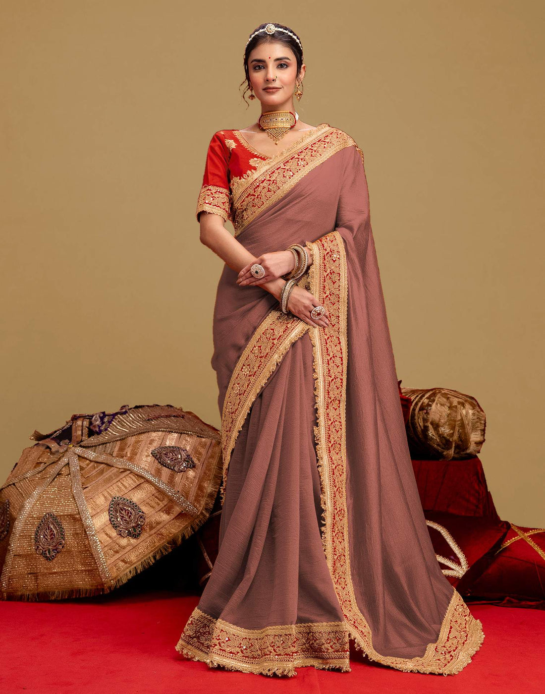 Dark Peach Vichitra Silk Sequence Embroidery Lace Saree