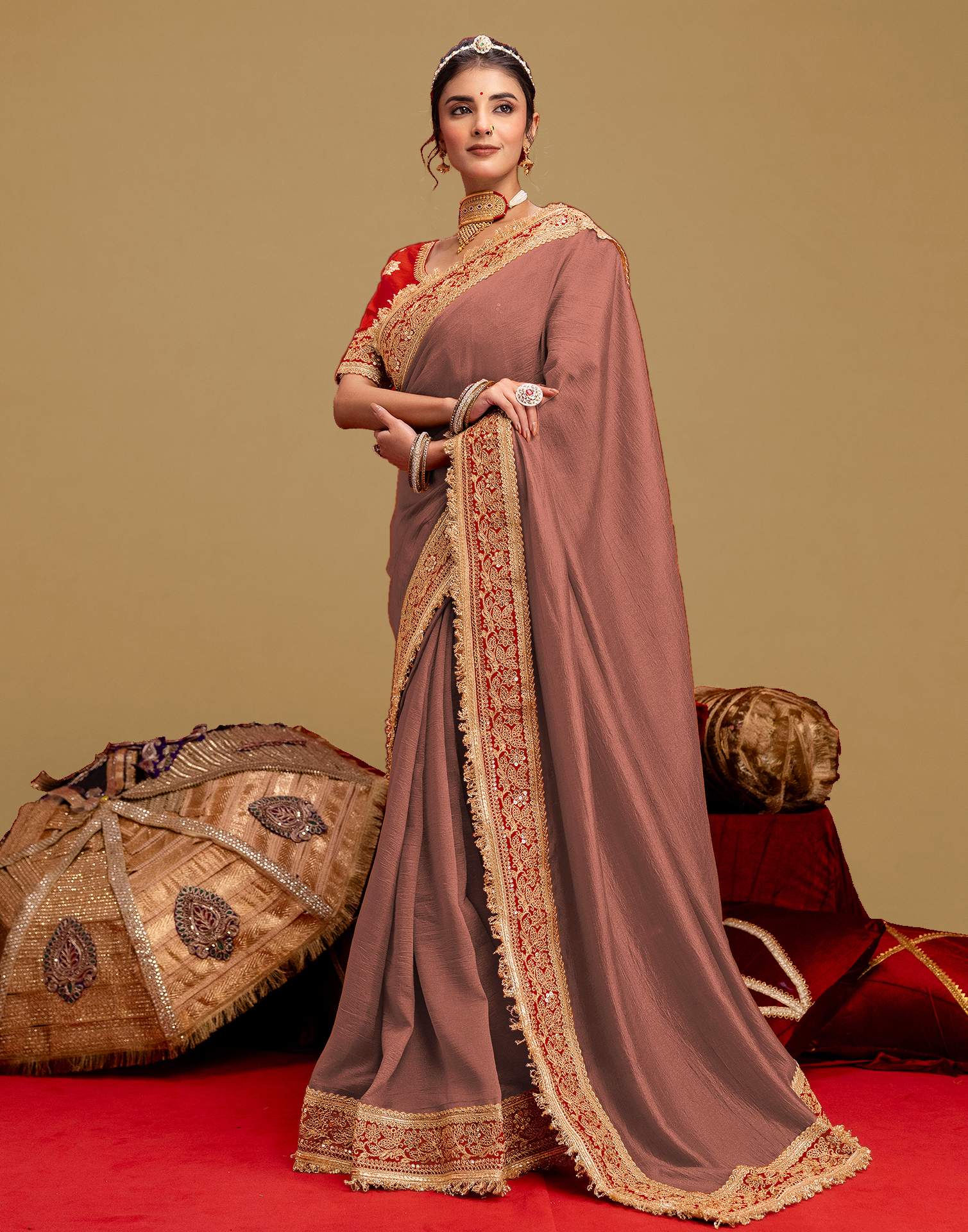 Dark Peach Vichitra Silk Sequence Embroidery Lace Saree