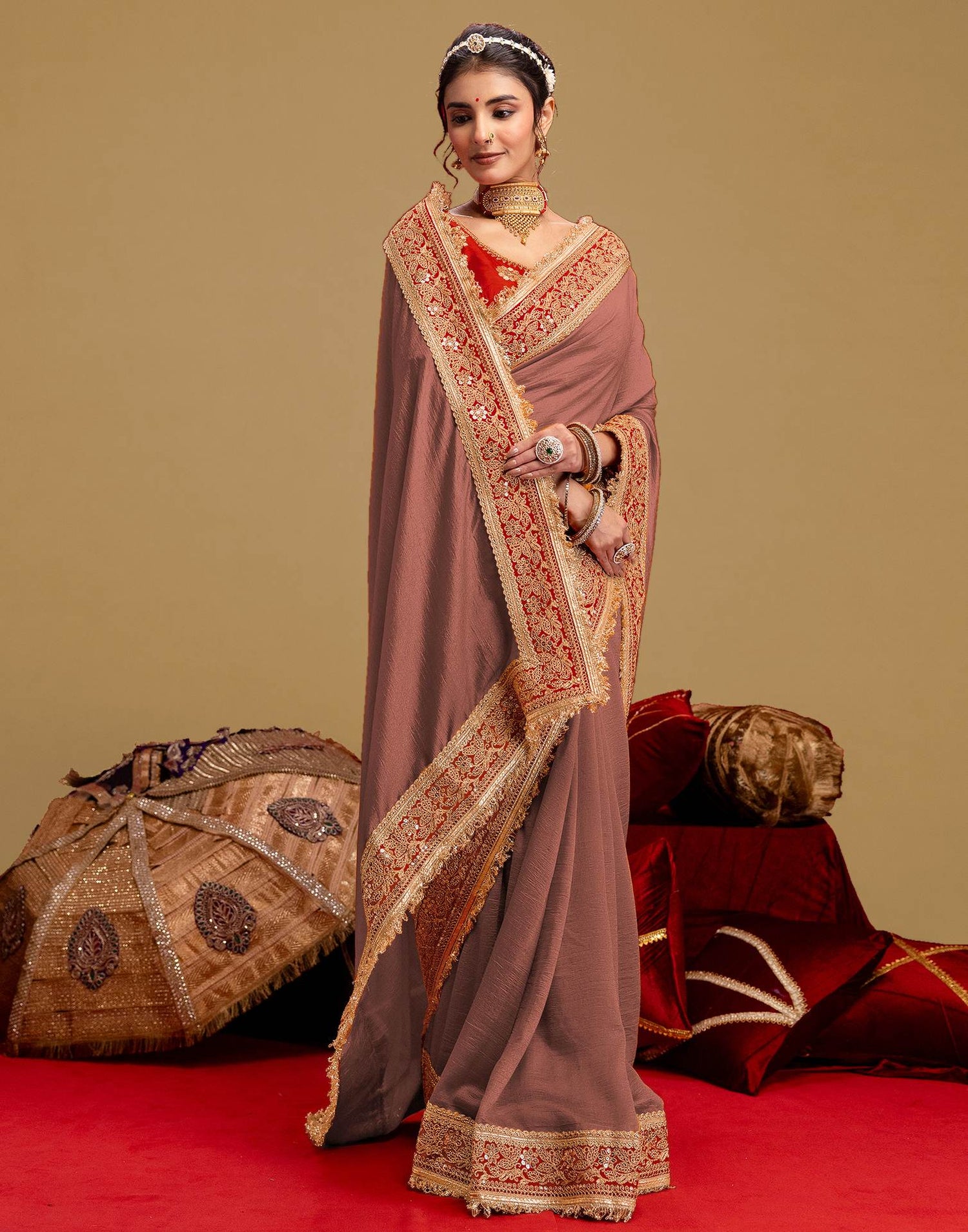 Dark Peach Vichitra Silk Sequence Embroidery Lace Saree