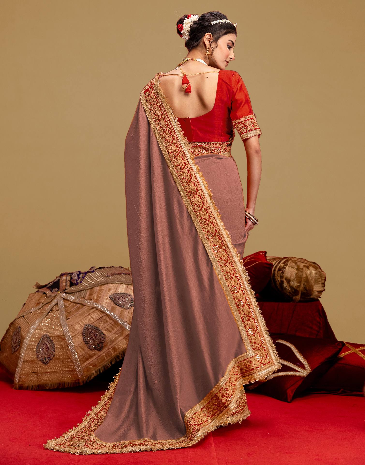 Dark Peach Vichitra Silk Sequence Embroidery Lace Saree