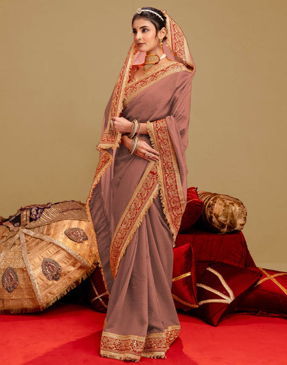 Dark Peach Vichitra Silk Sequence Embroidery Lace Saree