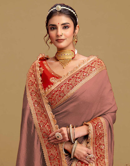 Dark Peach Vichitra Silk Sequence Embroidery Lace Saree