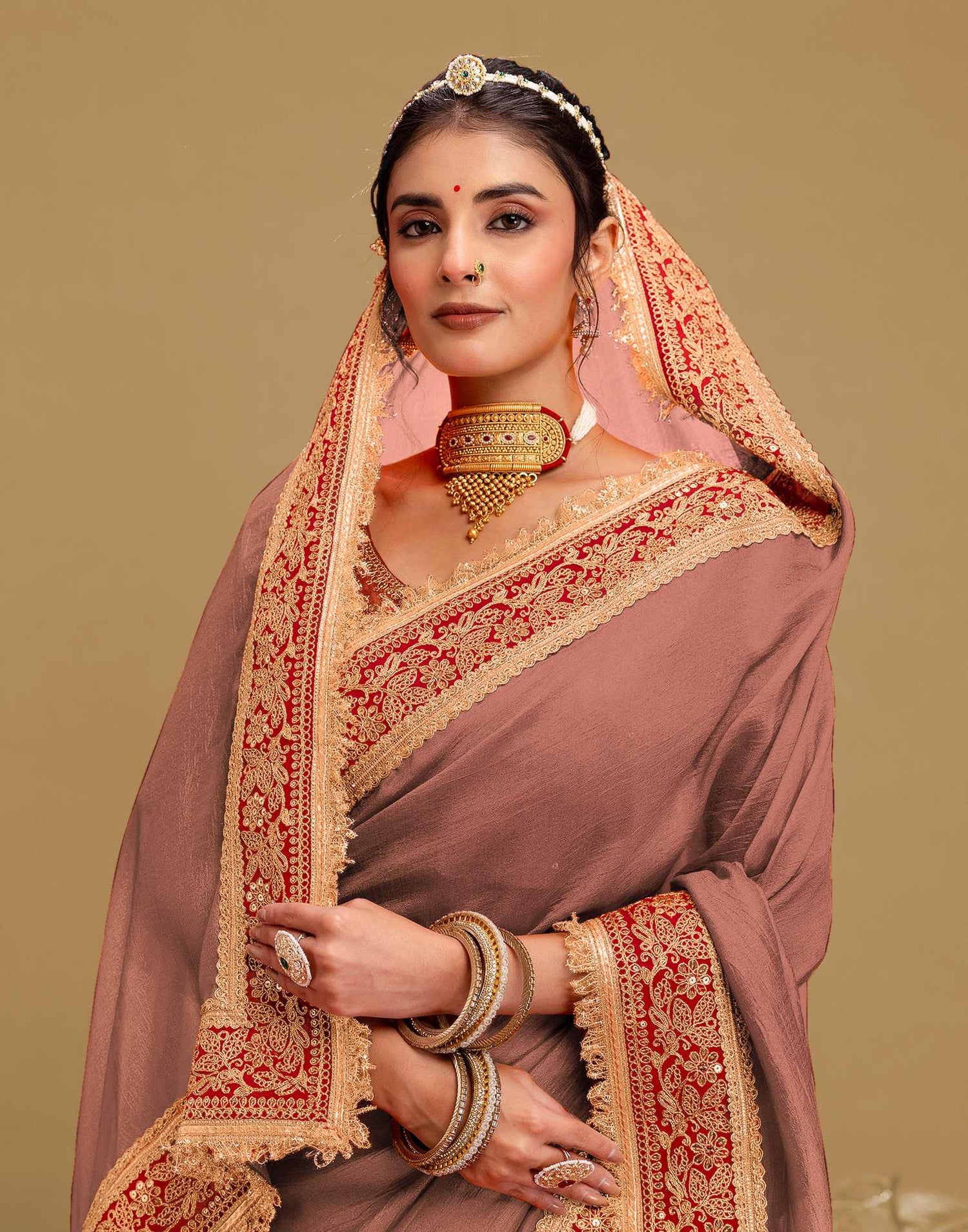 Dark Peach Vichitra Silk Sequence Embroidery Lace Saree