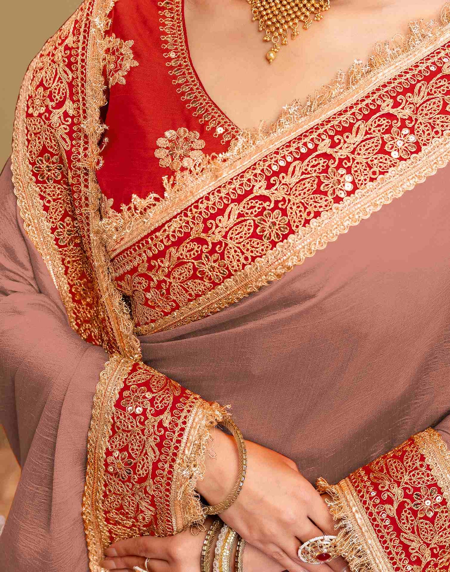 Dark Peach Vichitra Silk Sequence Embroidery Lace Saree