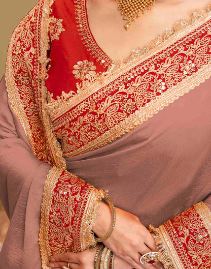 Dark Peach Vichitra Silk Sequence Embroidery Lace Saree