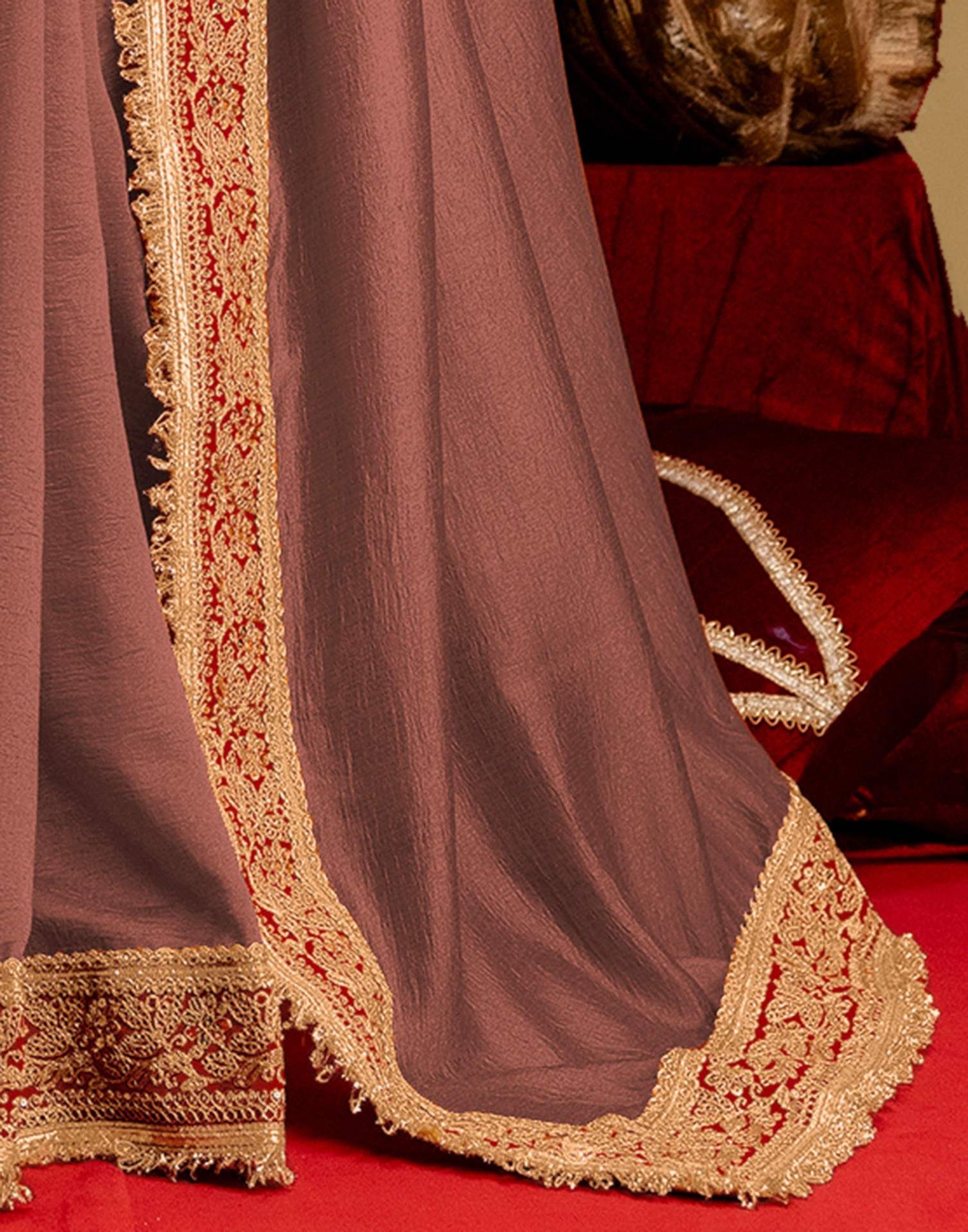 Dark Peach Vichitra Silk Sequence Embroidery Lace Saree