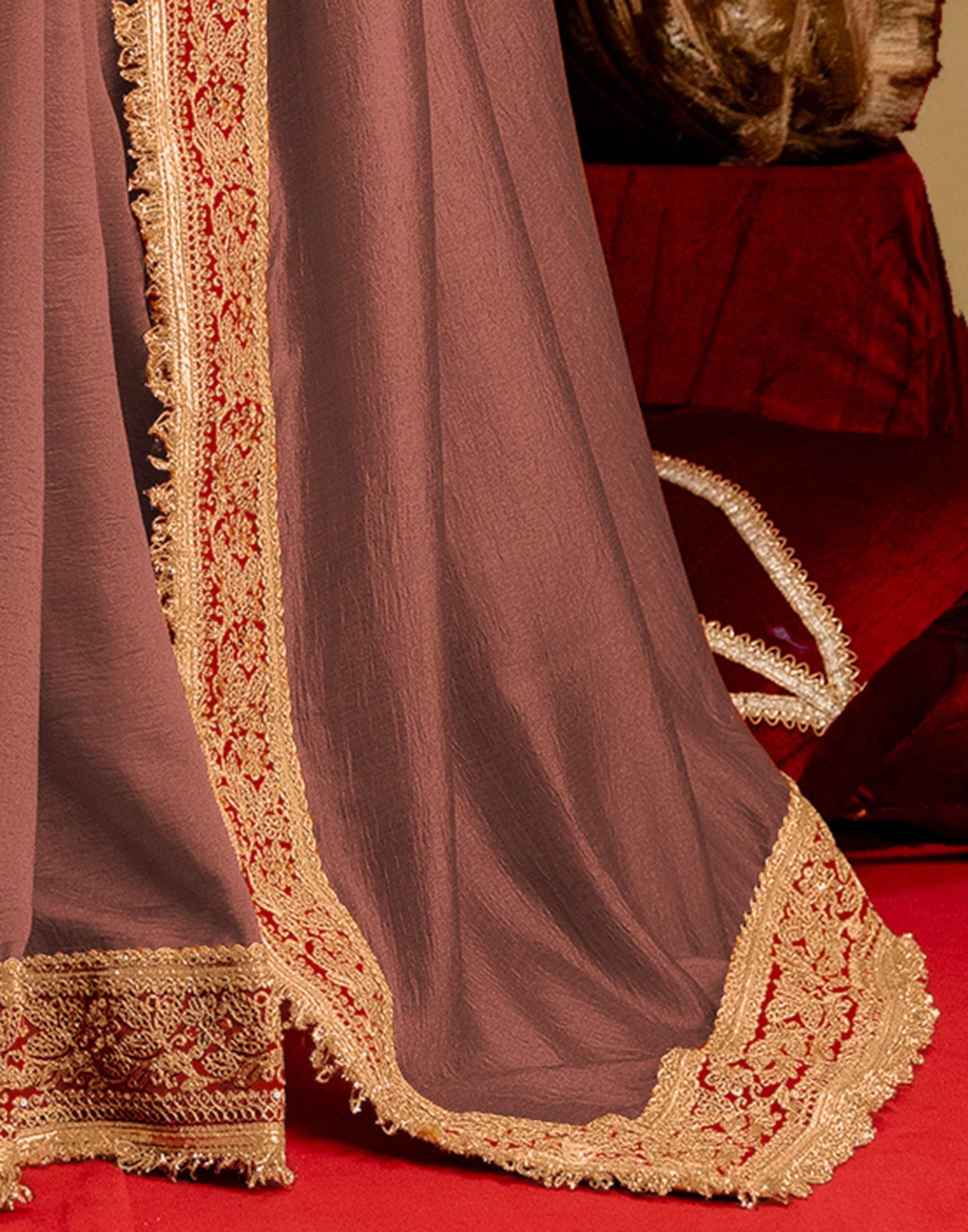 Dark Peach Vichitra Silk Sequence Embroidery Lace Saree