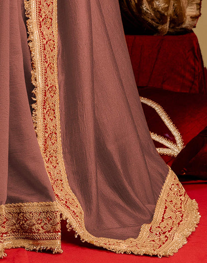 Dark Peach Vichitra Silk Sequence Embroidery Lace Saree