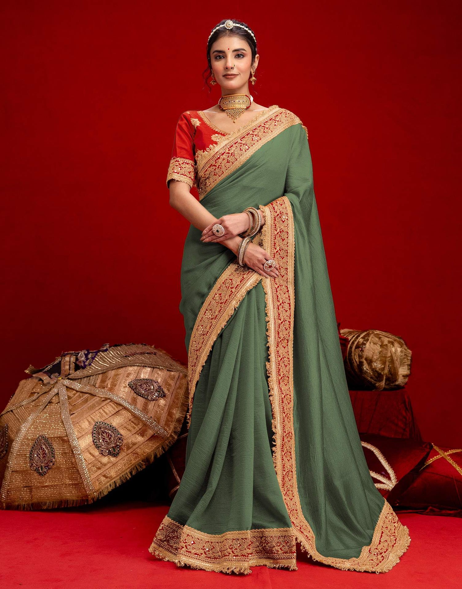 Dusty Green Vichitra Silk Sequence Embroidery Lace Saree
