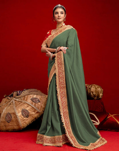 Dusty Green Vichitra Silk Sequence Embroidery Lace Saree