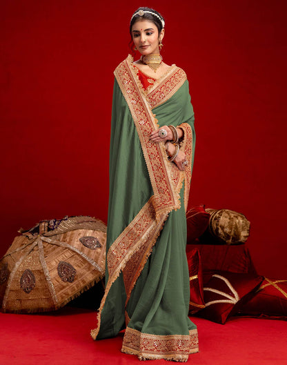 Dusty Green Vichitra Silk Sequence Embroidery Lace Saree