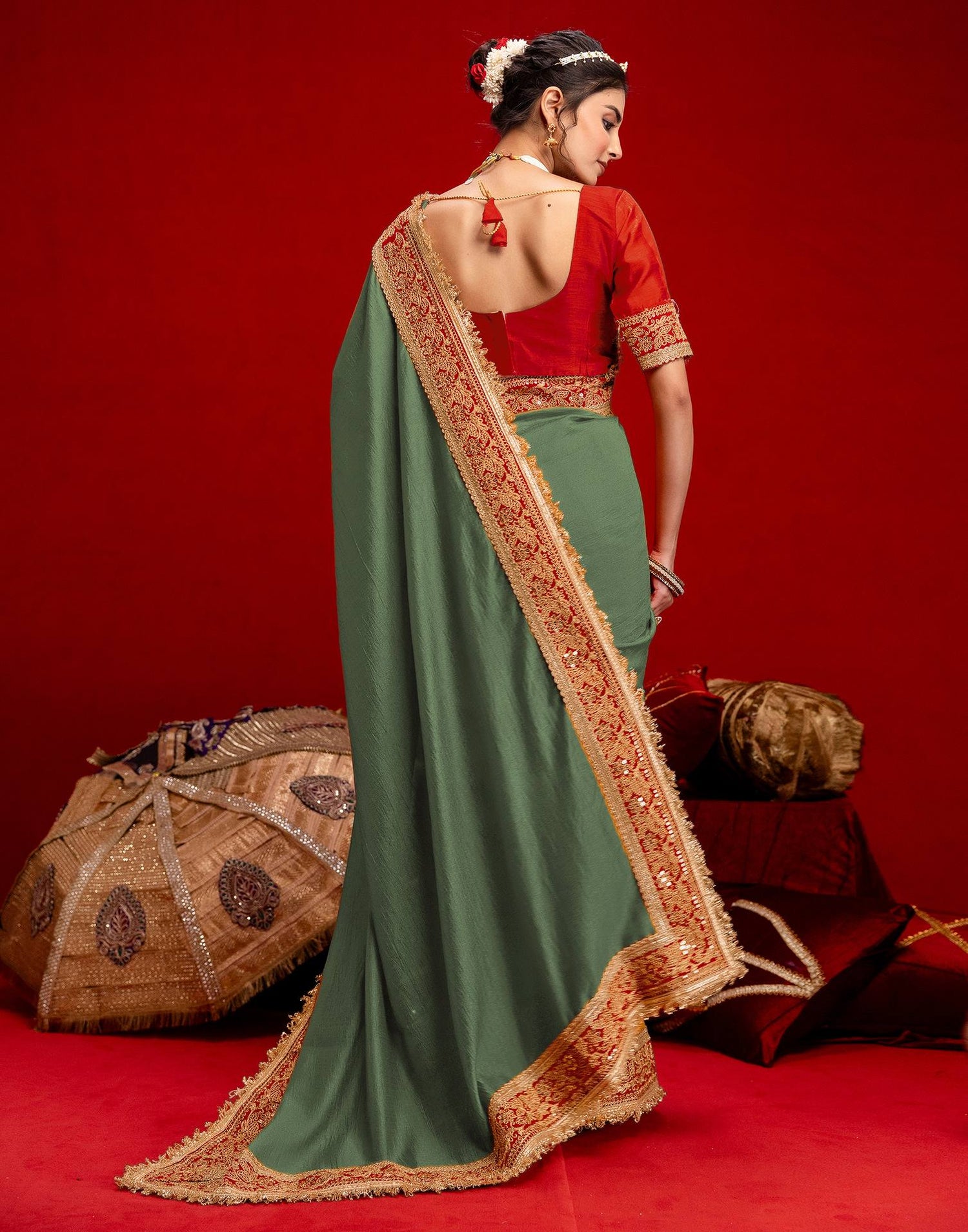Dusty Green Vichitra Silk Sequence Embroidery Lace Saree