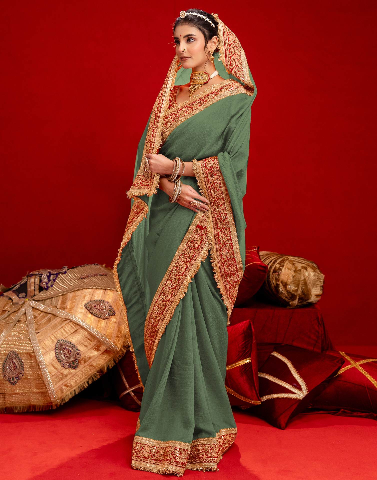 Dusty Green Vichitra Silk Sequence Embroidery Lace Saree