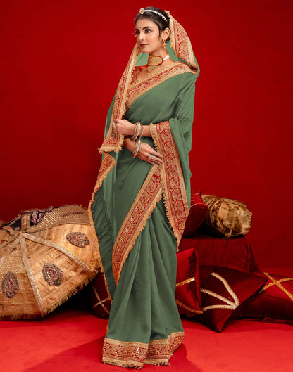 Dusty Green Vichitra Silk Sequence Embroidery Lace Saree