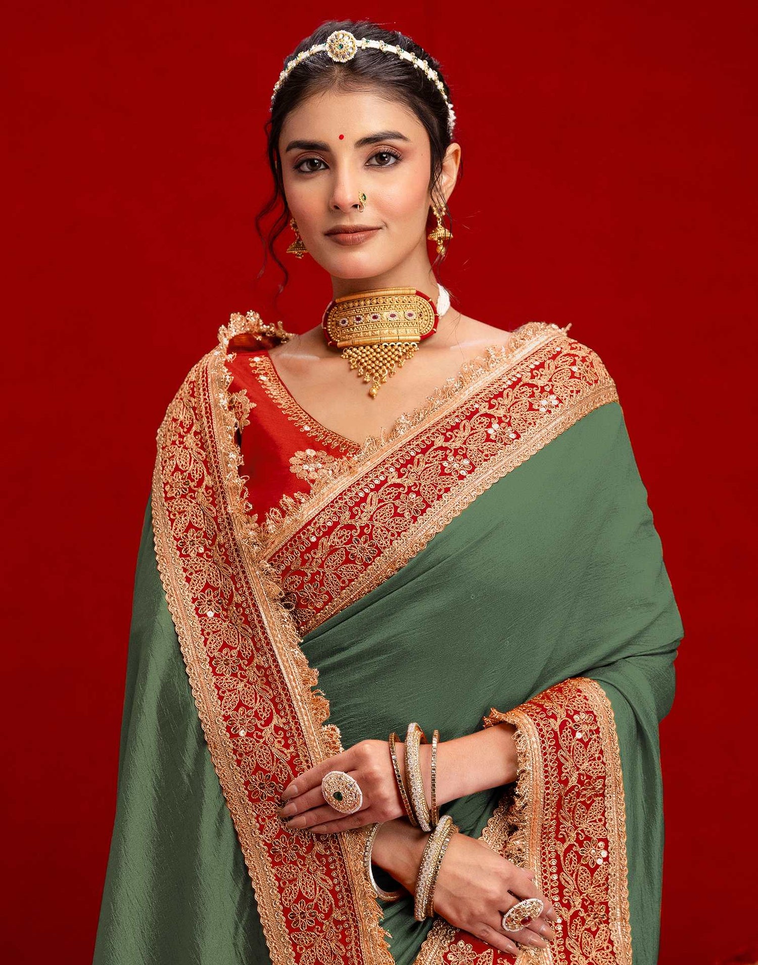 Dusty Green Vichitra Silk Sequence Embroidery Lace Saree