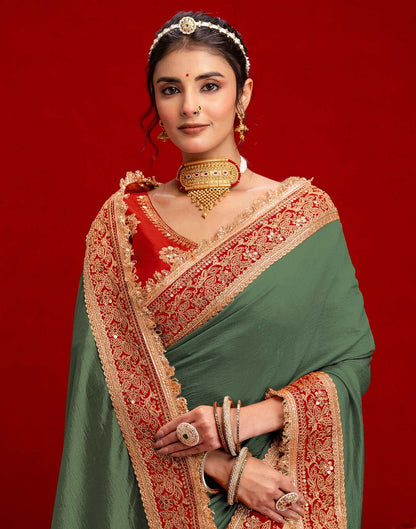 Dusty Green Vichitra Silk Sequence Embroidery Lace Saree