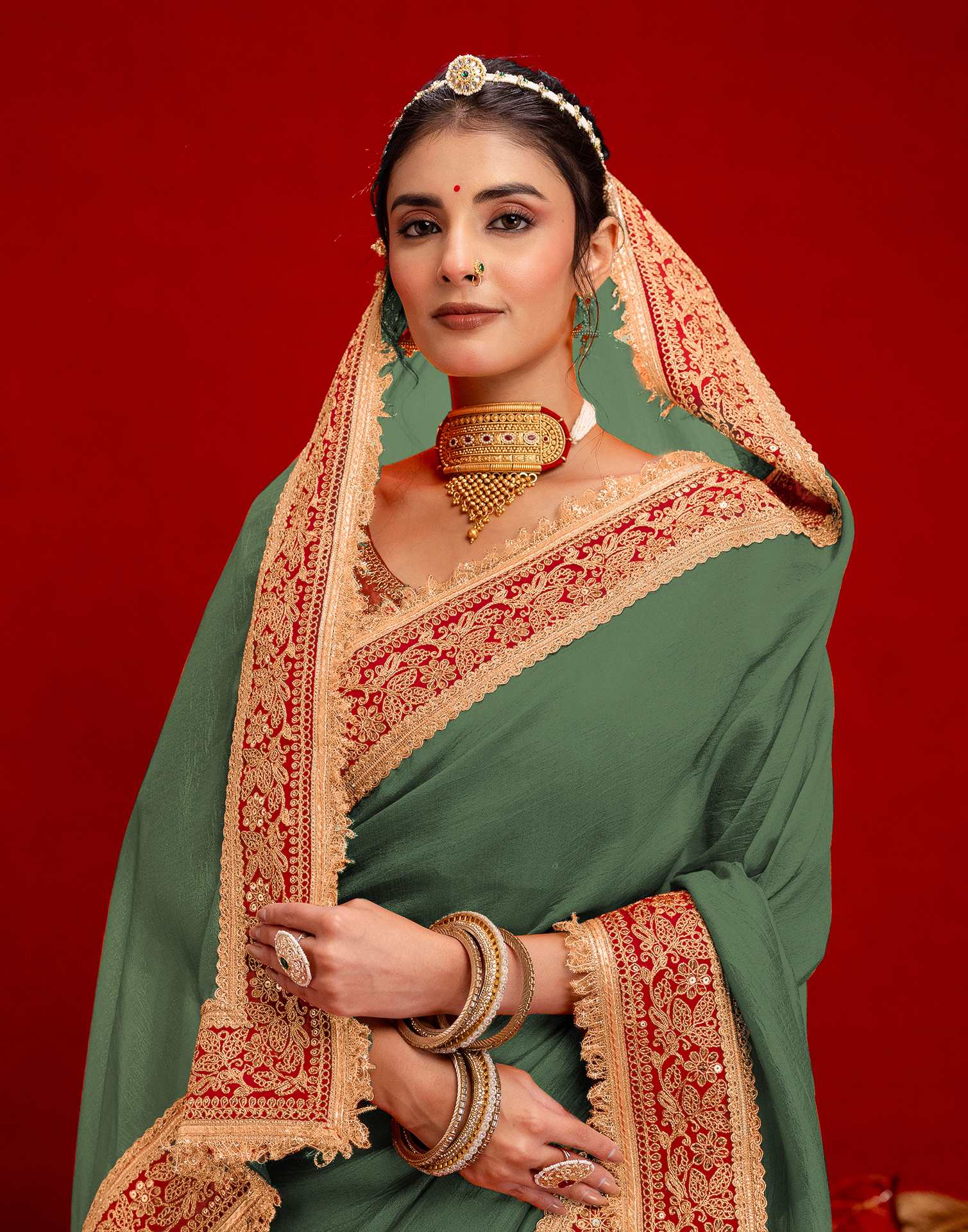 Dusty Green Vichitra Silk Sequence Embroidery Lace Saree