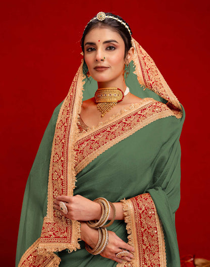 Dusty Green Vichitra Silk Sequence Embroidery Lace Saree
