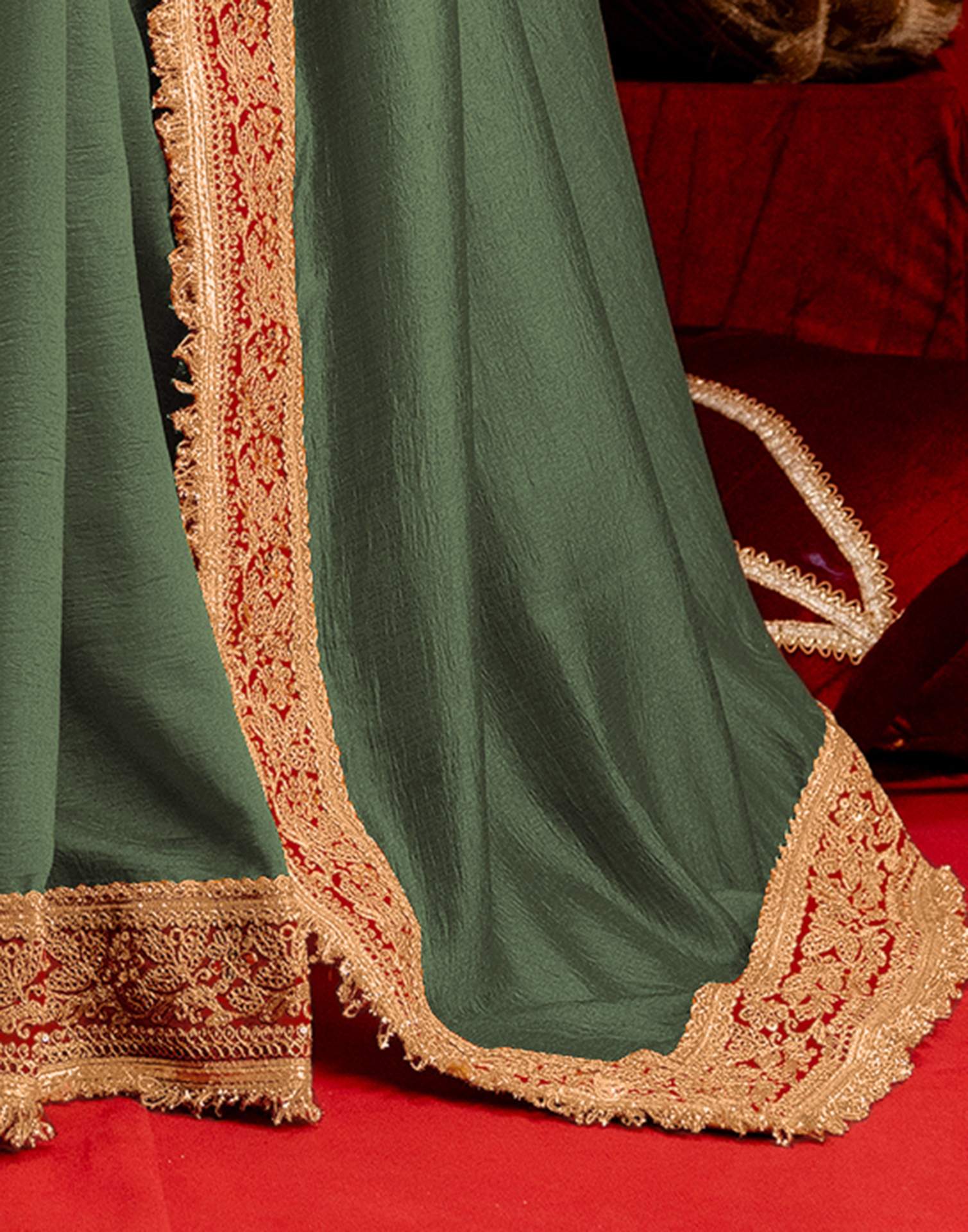 Dusty Green Vichitra Silk Sequence Embroidery Lace Saree