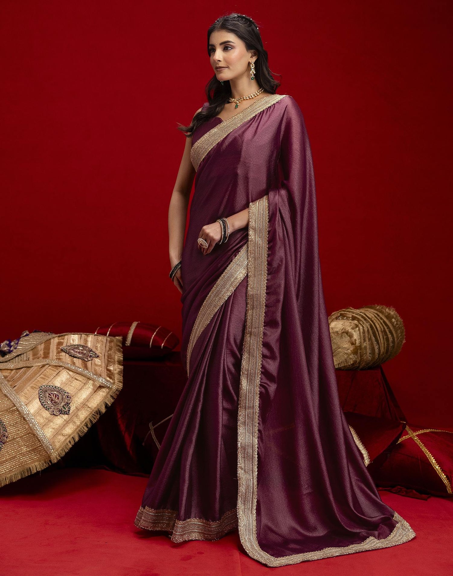 Dusty Wine Chinnon Silk Gota Lace Saree