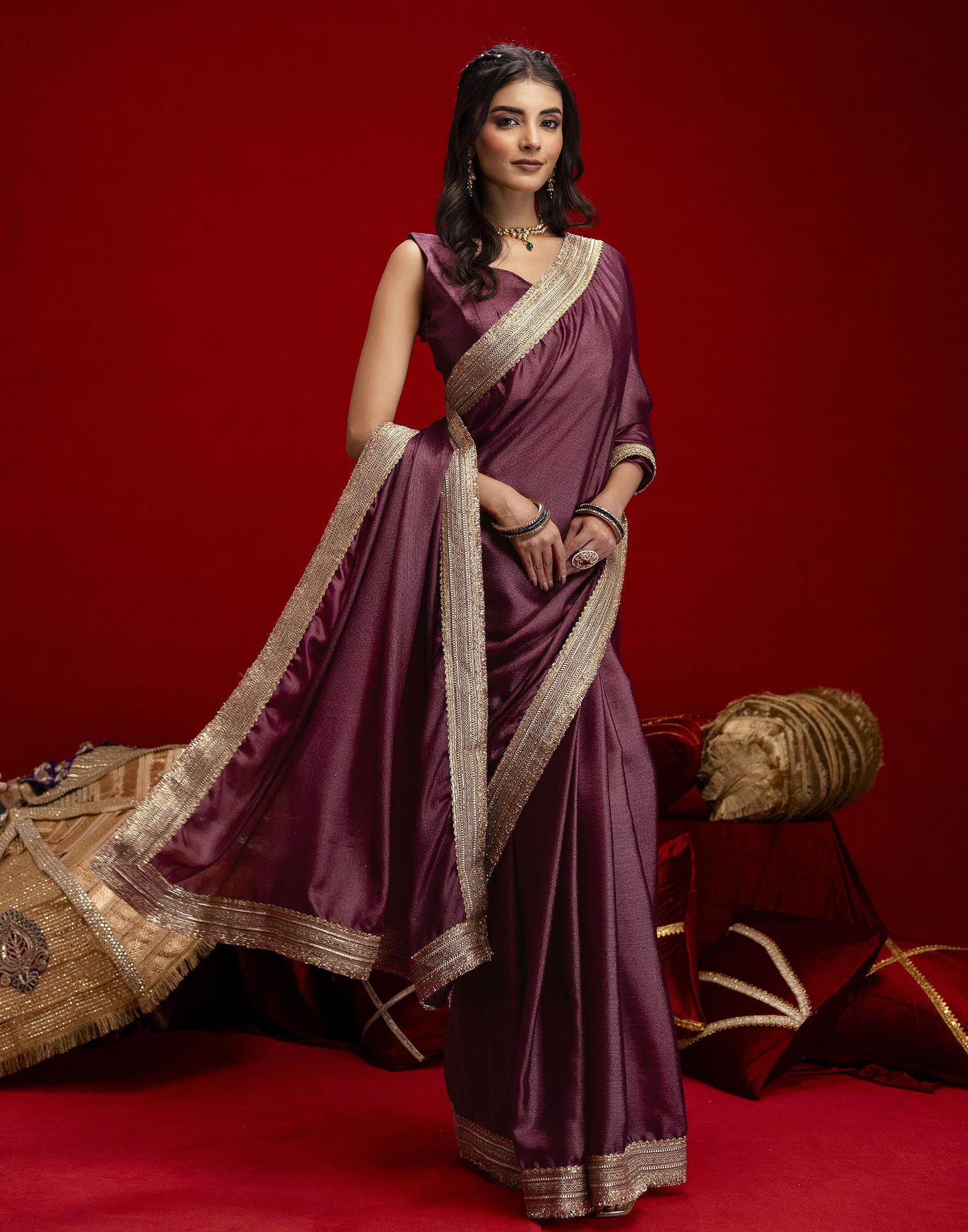 Dusty Wine Chinnon Silk Gota Lace Saree