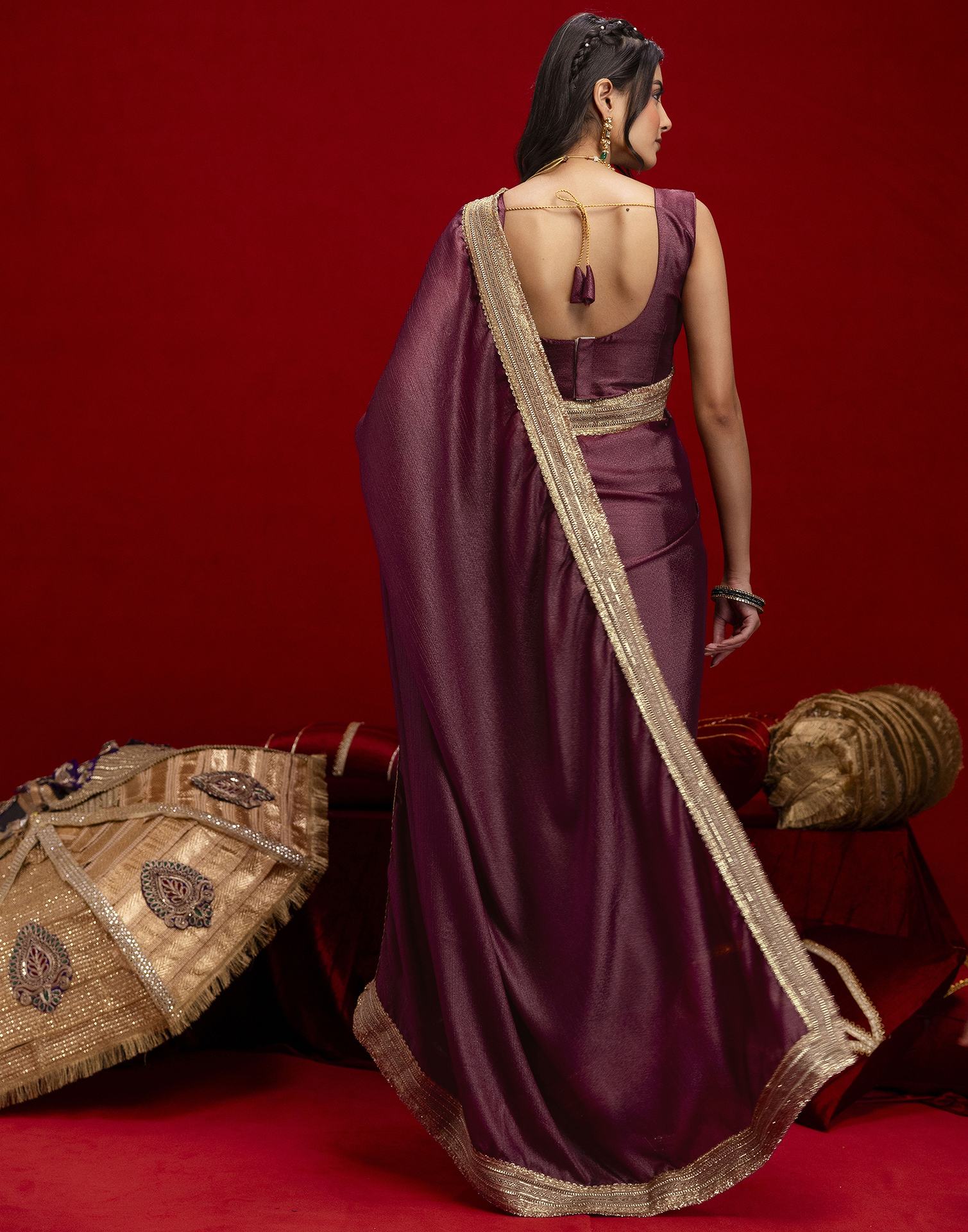 Dusty Wine Chinnon Silk Gota Lace Saree